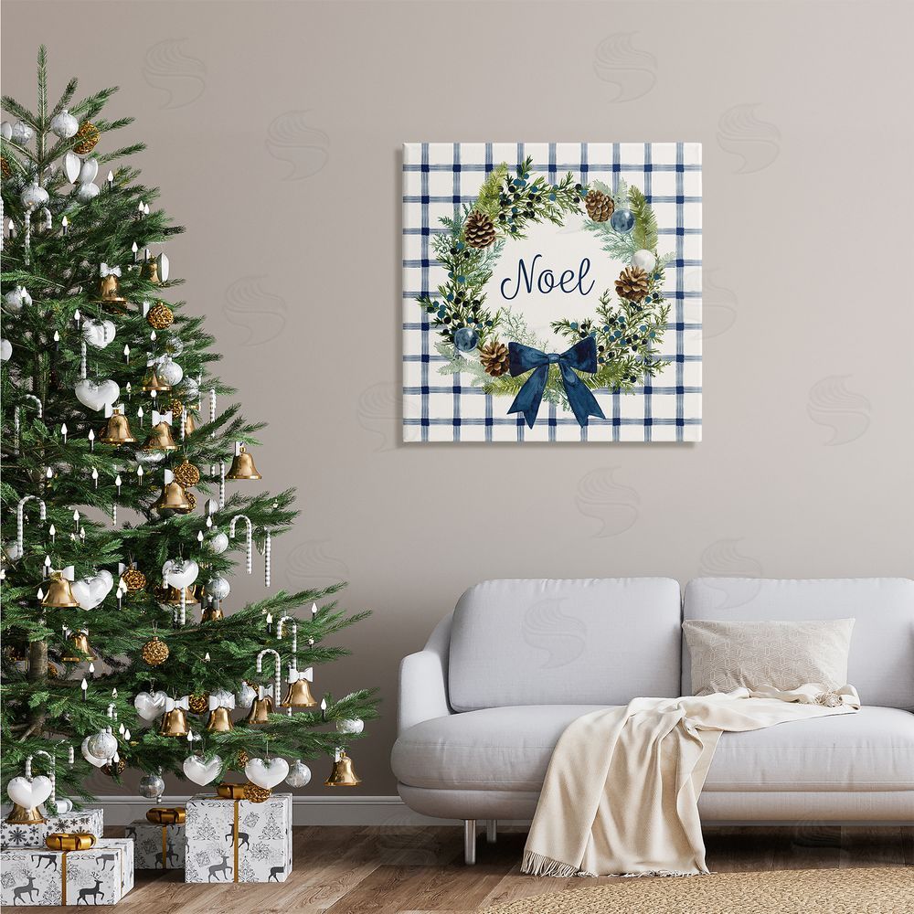 Victoria Barnes Winter Noel Sentiment Pinecone Wreath Blue Plaid Canvas Wall Art in Room