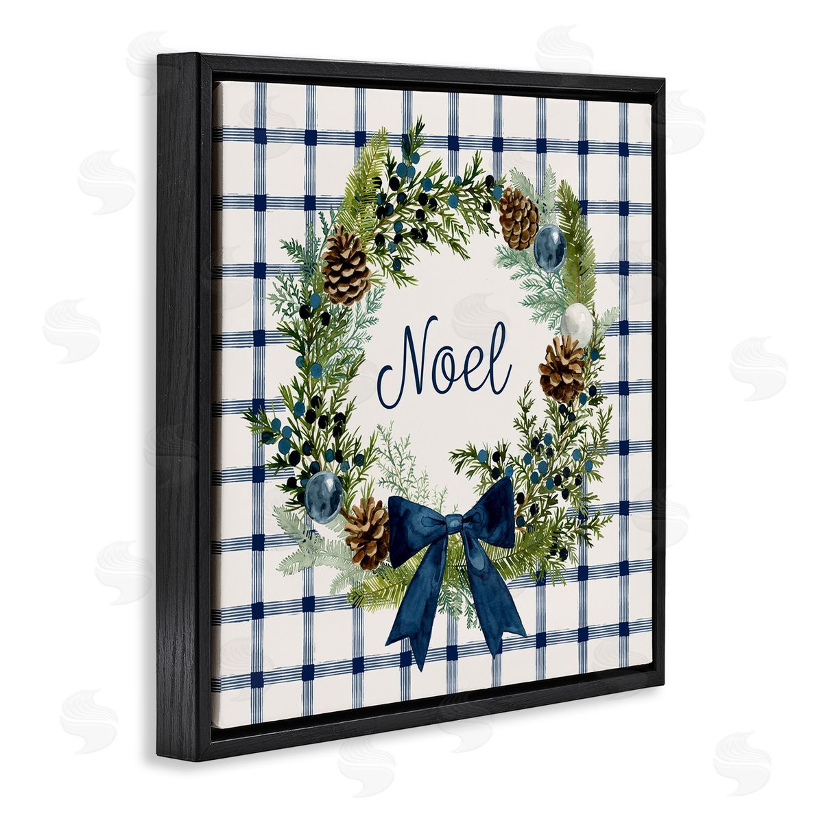 Victoria Barnes Winter Noel Sentiment Pinecone Wreath Blue Plaid Black Floating Frame Canvas Wall Art Print