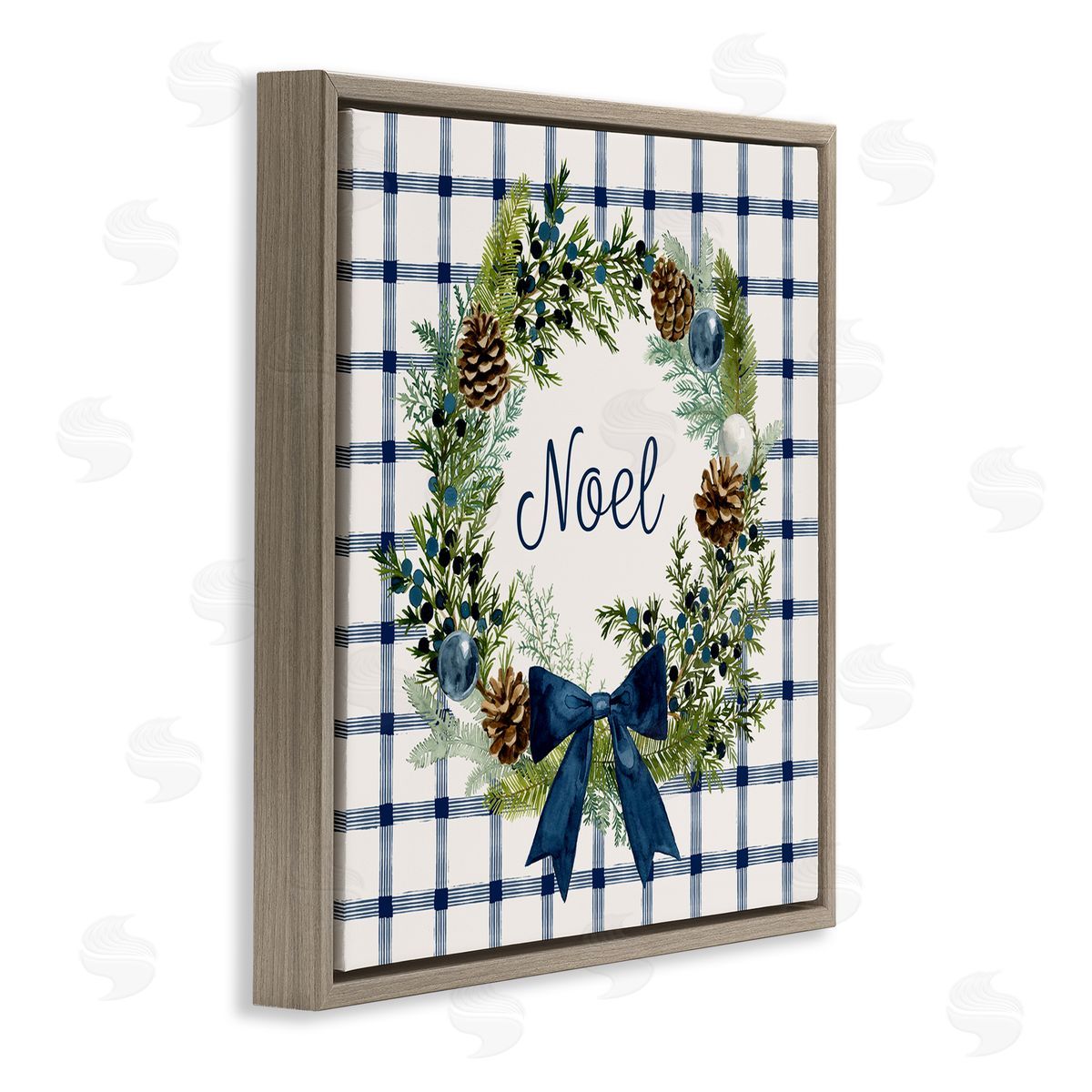 Victoria Barnes Winter Noel Sentiment Pinecone Wreath Blue Plaid Brown Floating Frame Canvas Wall Art Print