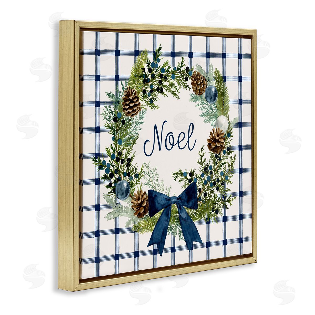 Victoria Barnes Winter Noel Sentiment Pinecone Wreath Blue Plaid Gold Floating Frame Canvas Wall Art Print