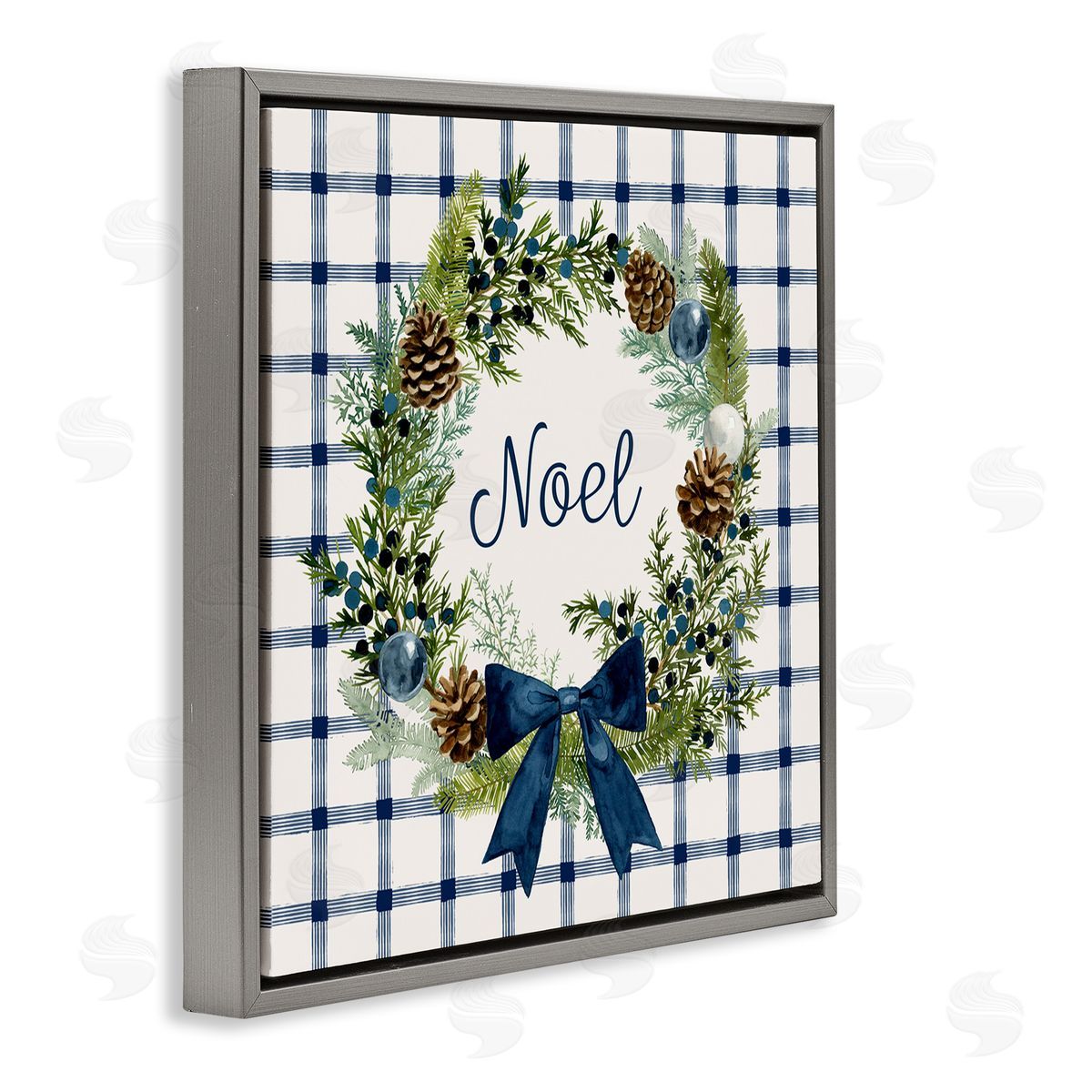 Victoria Barnes Winter Noel Sentiment Pinecone Wreath Blue Plaid Gray Floating Frame Canvas Wall Art Print