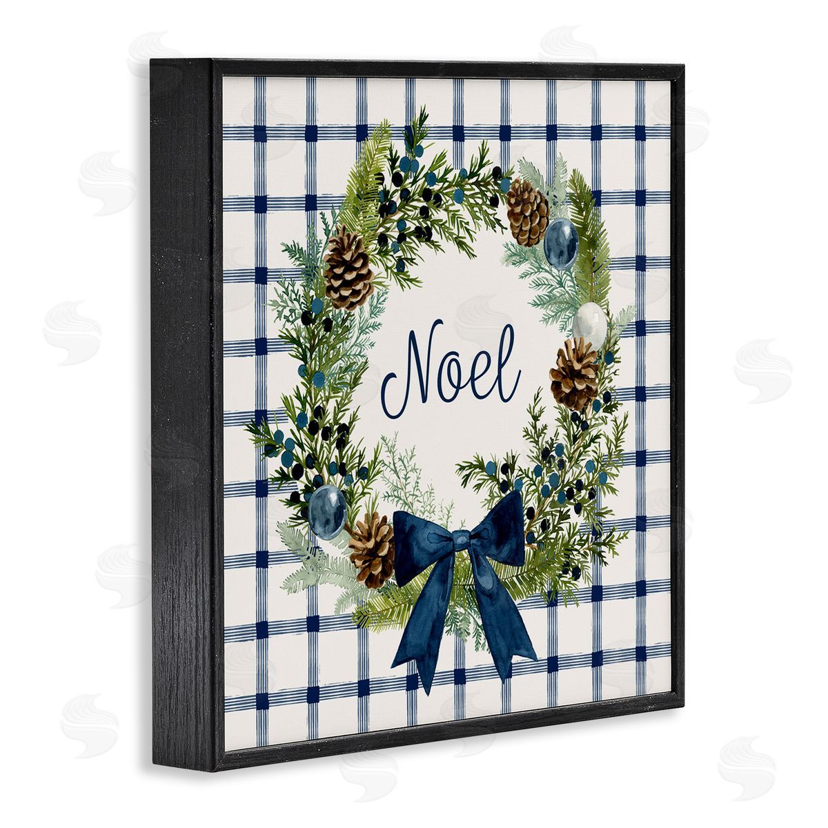 Victoria Barnes Winter Noel Sentiment Pinecone Wreath Blue Plaid Black Framed Glicee Wall Art Print
