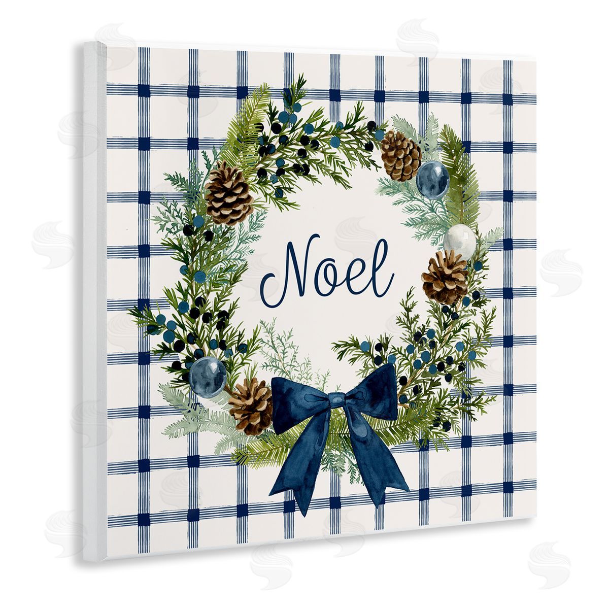 Victoria Barnes Winter Noel Sentiment Pinecone Wreath Blue Plaid Wooden Wall Plaque Art Print