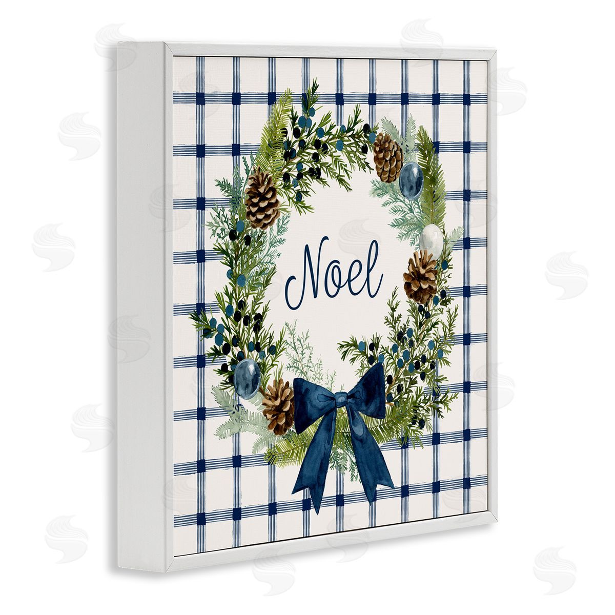 Victoria Barnes Winter Noel Sentiment Pinecone Wreath Blue Plaid White Framed Glicee Wall Art Print