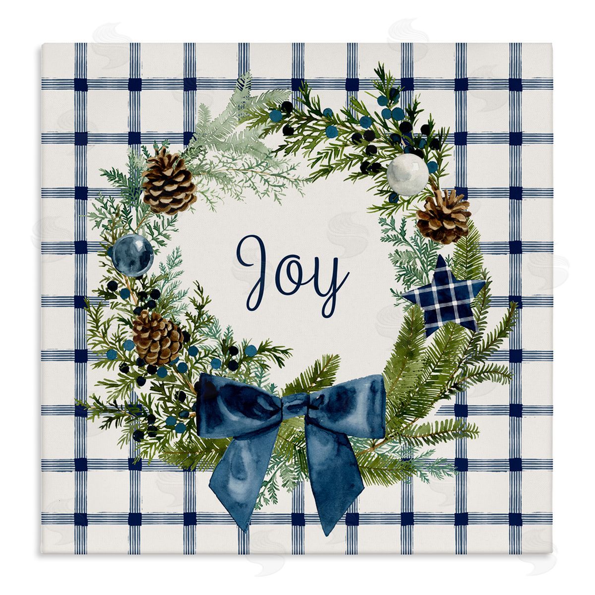 Victoria Barnes Winter Joy Sentiment Rustic Pinecone Wreath Blue Plaid Stretched Canvas Wall Art Print