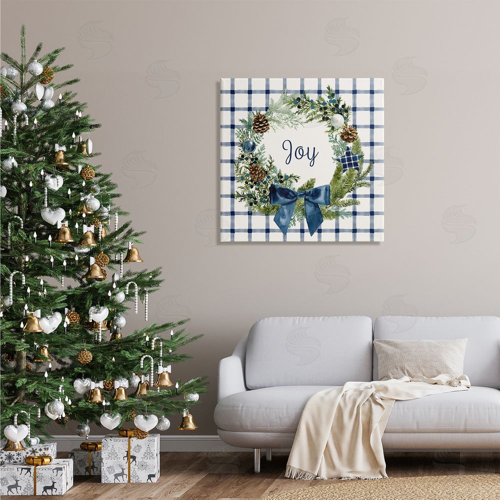 Victoria Barnes Winter Joy Sentiment Rustic Pinecone Wreath Blue Plaid Canvas Wall Art in Room