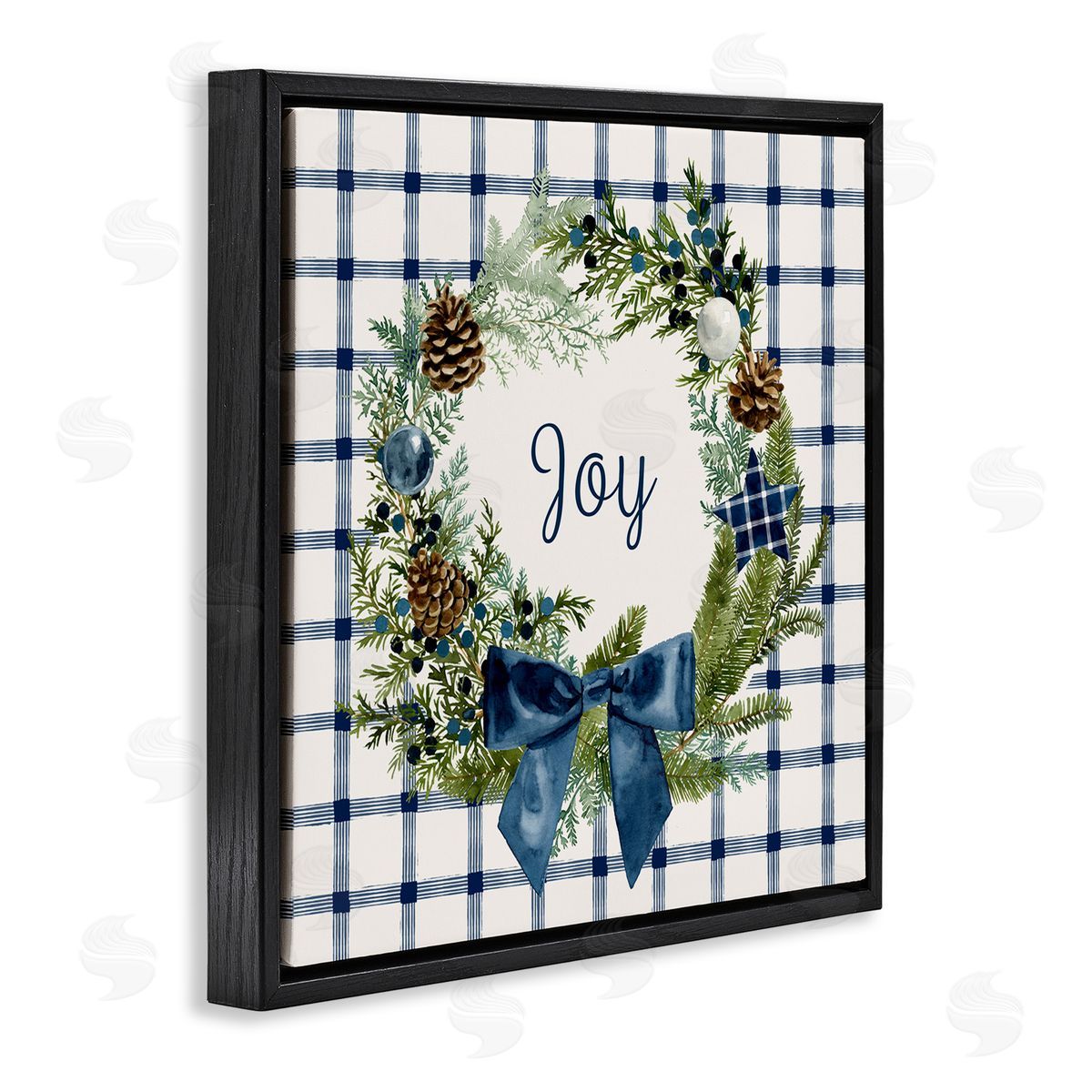 Victoria Barnes Winter Joy Sentiment Rustic Pinecone Wreath Blue Plaid Black Floating Frame Canvas Wall Art Print