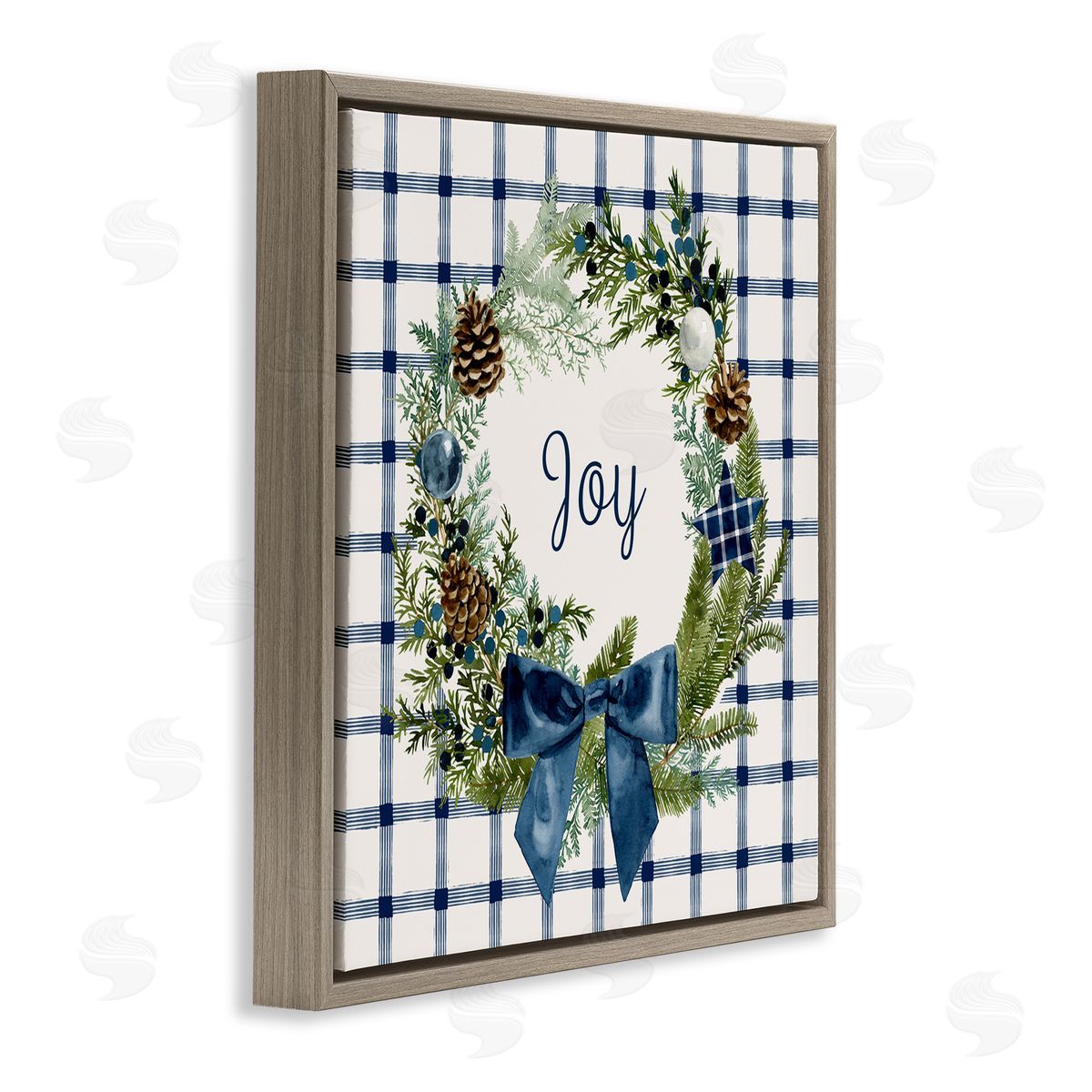 Victoria Barnes Winter Joy Sentiment Rustic Pinecone Wreath Blue Plaid Brown Floating Frame Canvas Wall Art Print