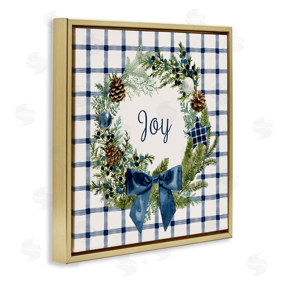 Victoria Barnes Winter Joy Sentiment Rustic Pinecone Wreath Blue Plaid Gold Floating Frame Canvas Wall Art Print