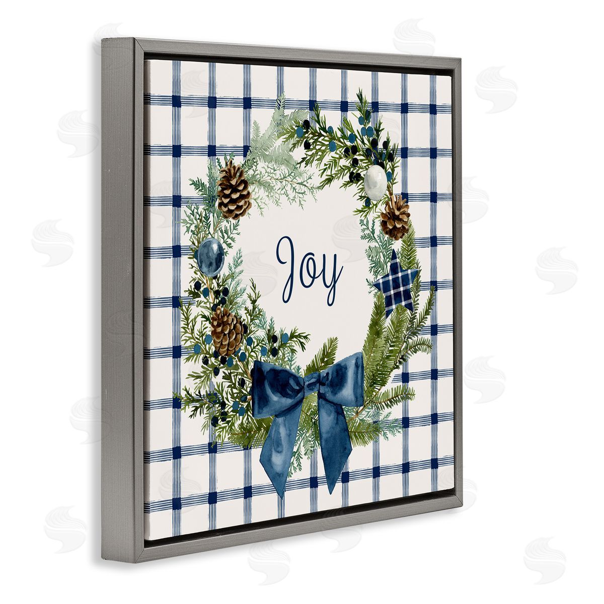 Victoria Barnes Winter Joy Sentiment Rustic Pinecone Wreath Blue Plaid Gray Floating Frame Canvas Wall Art Print