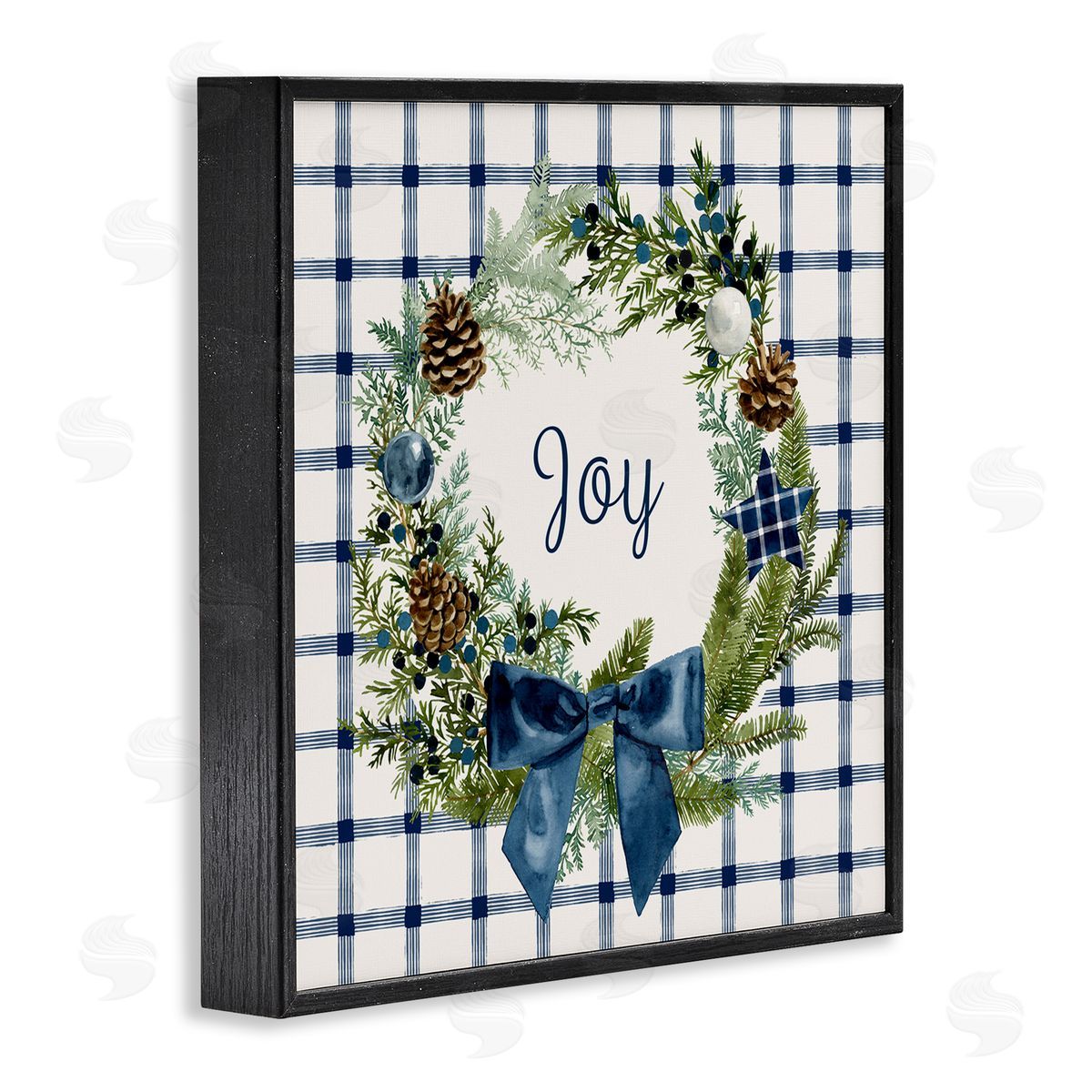 Victoria Barnes Winter Joy Sentiment Rustic Pinecone Wreath Blue Plaid Black Framed Glicee Wall Art Print