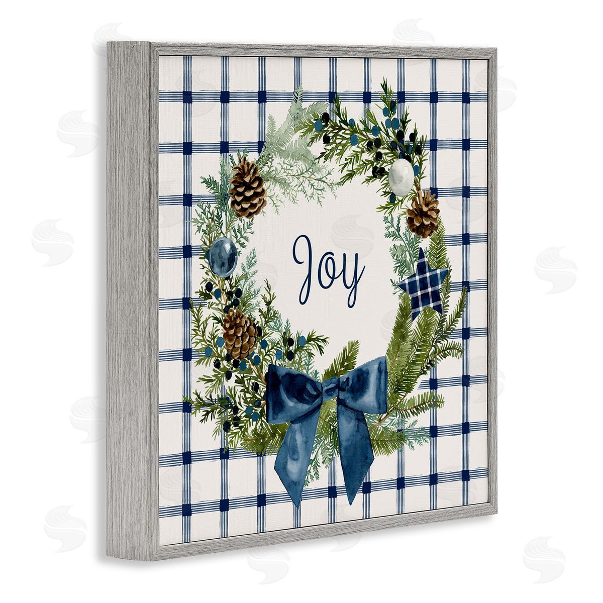 Victoria Barnes Winter Joy Sentiment Rustic Pinecone Wreath Blue Plaid Gray Framed Glicee Wall Art Print