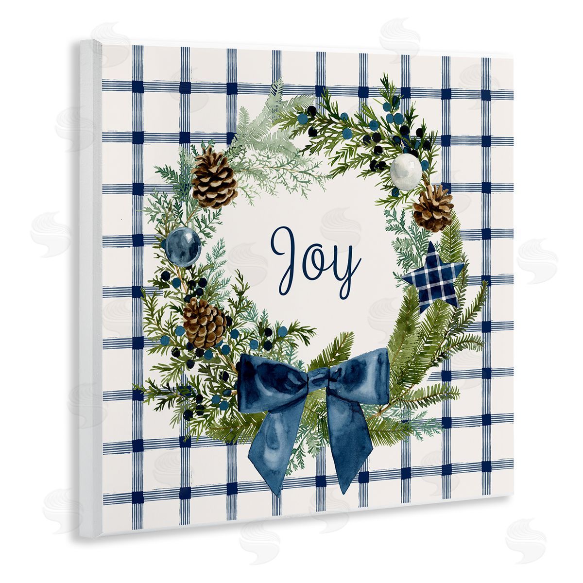 Victoria Barnes Winter Joy Sentiment Rustic Pinecone Wreath Blue Plaid Wooden Wall Plaque Art Print