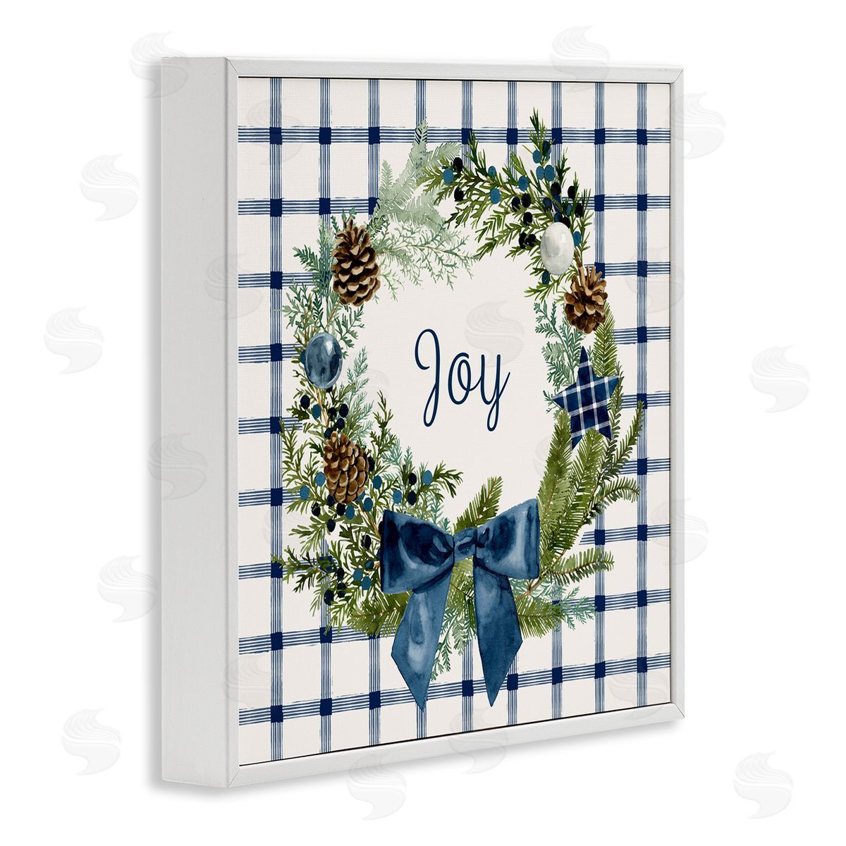 Victoria Barnes Winter Joy Sentiment Rustic Pinecone Wreath Blue Plaid White Framed Glicee Wall Art Print
