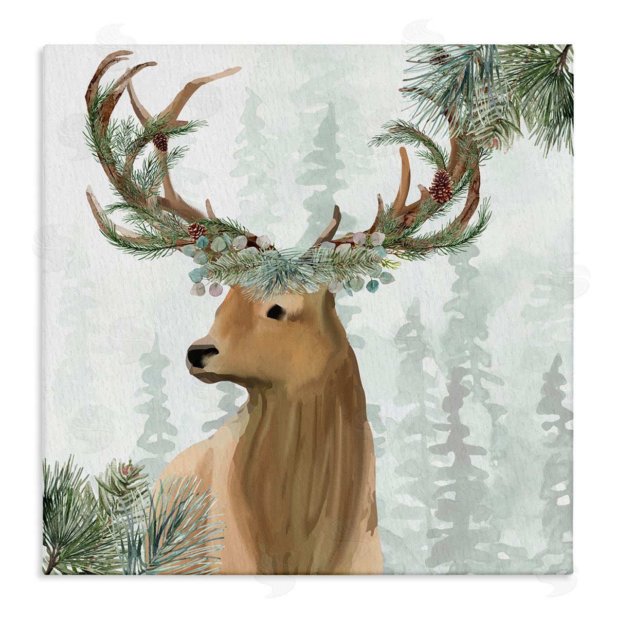 Kim Allen Winter Forest Elk Festive Pine Antlers Woodland Trees Stretched Canvas Wall Art Print