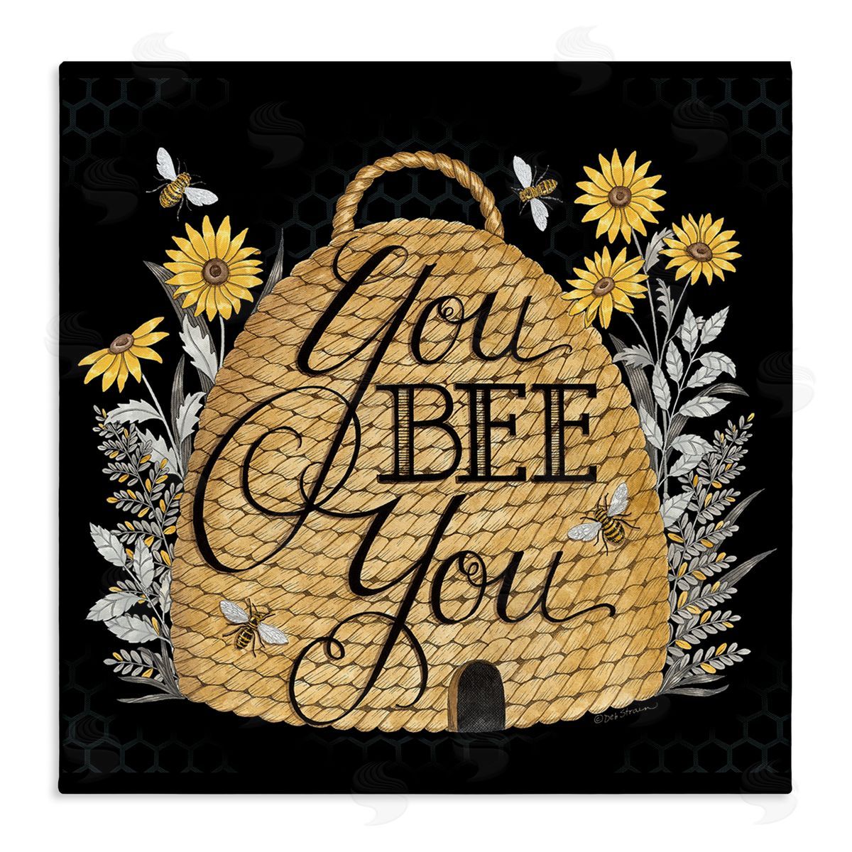Deb Strain You Bee You Motivational Phrase Vintage Whicker Beehive Stretched Canvas Wall Art Print