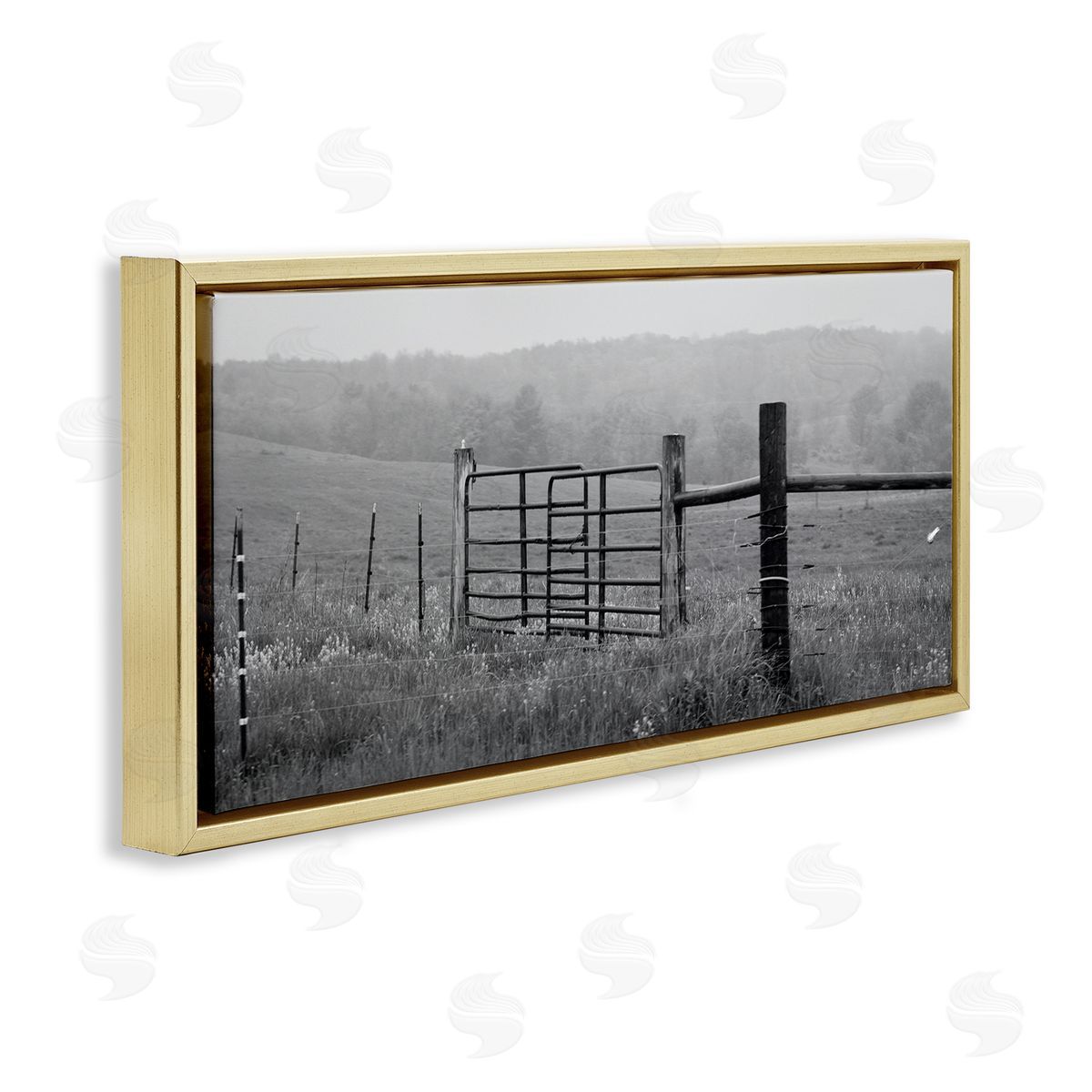 Countryside Farmland Front Gate Gold Floating Frame Canvas Wall Art, Home Decor by Nick Saez