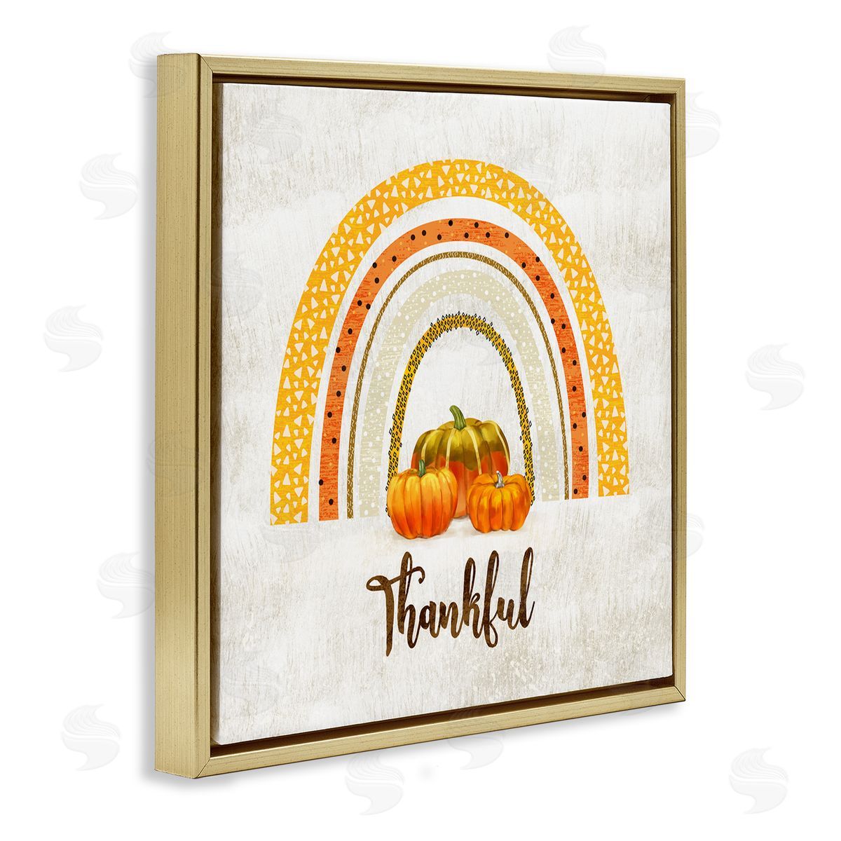 Ziwei Li Thankful Text Orange Autumn Rainbow Abstract Patterns Gold Floating Frame Canvas Wall Art Print