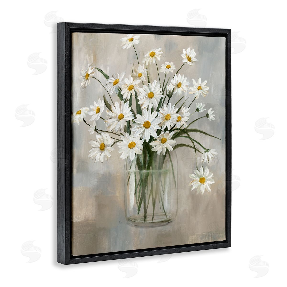 Potted Daisy Bloom Bouquet Black Floating Frame Canvas Wall Art, Home Decor by Nan