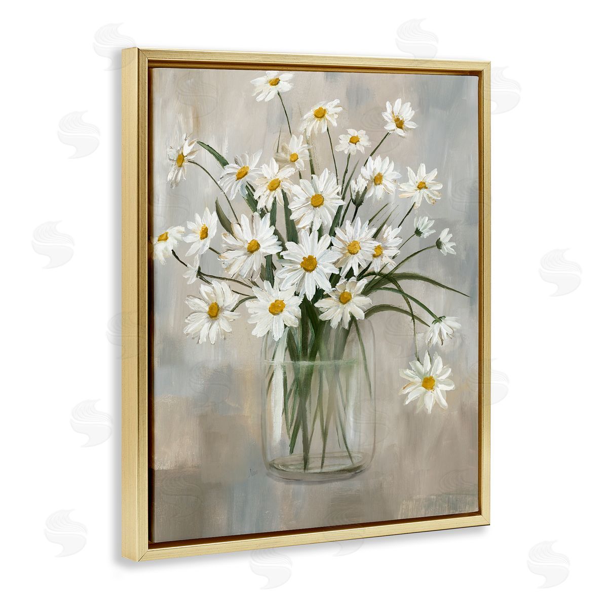 Potted Daisy Bloom Bouquet Gold Floating Frame Canvas Wall Art, Home Decor by Nan