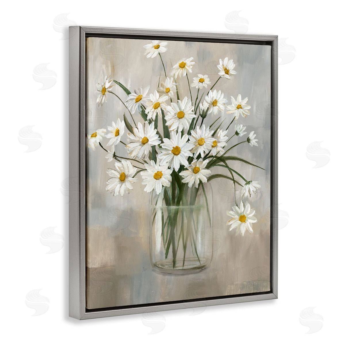 Potted Daisy Bloom Bouquet Grey Floating Frame Canvas Wall Art, Home Decor by Nan