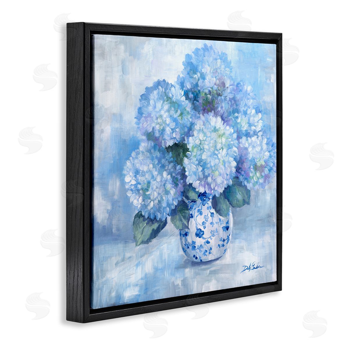 Blossoming Blue Hydrangea Florals Black Floating Frame Canvas Wall Art, Home Decor by Debi Coules