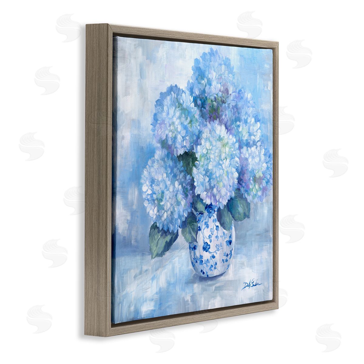 Blossoming Blue Hydrangea Florals Brown Floating Frame Canvas Wall Art, Home Decor by Debi Coules