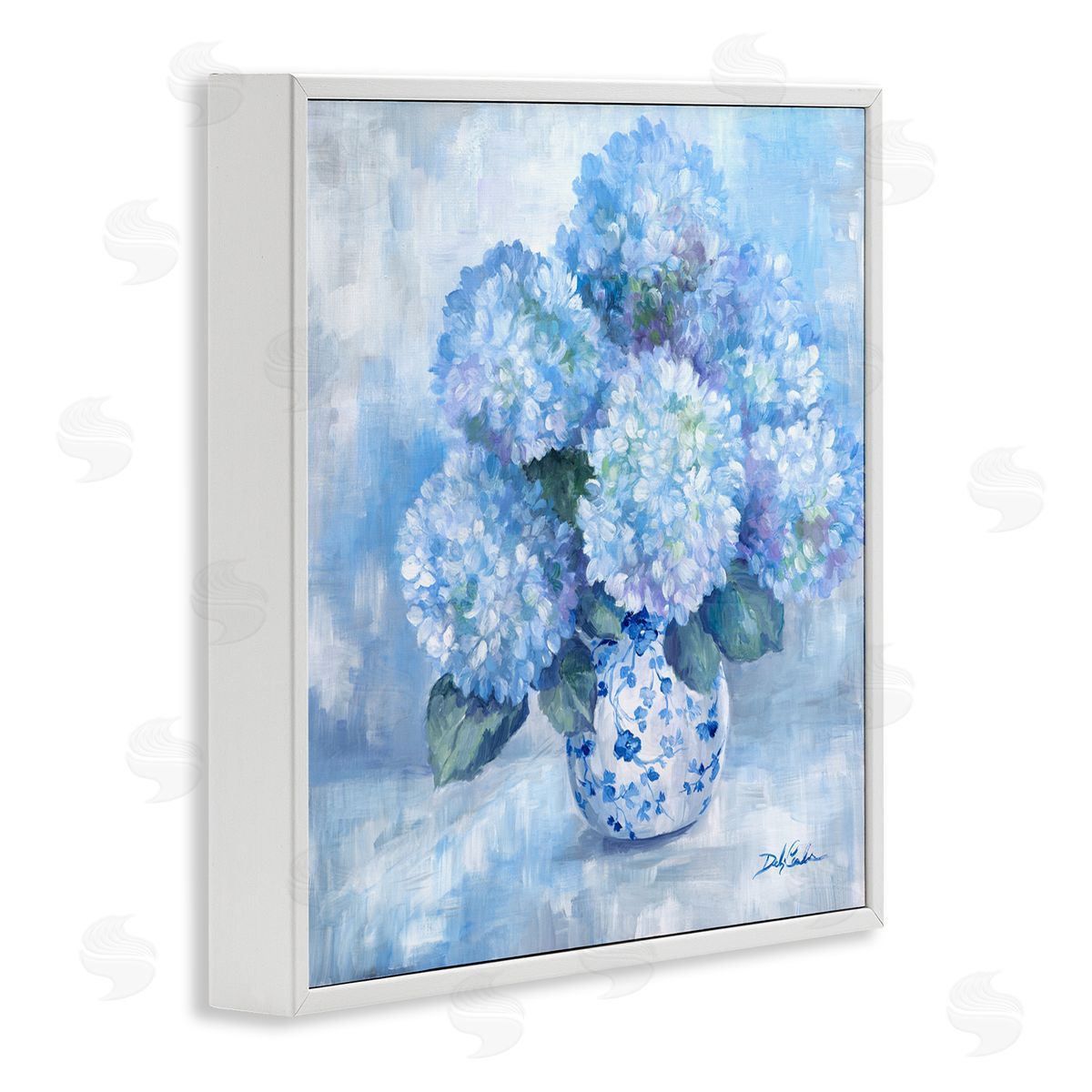 Blossoming Blue Hydrangea Florals White Frame Print Wall Art, Home Decor by Debi Coules