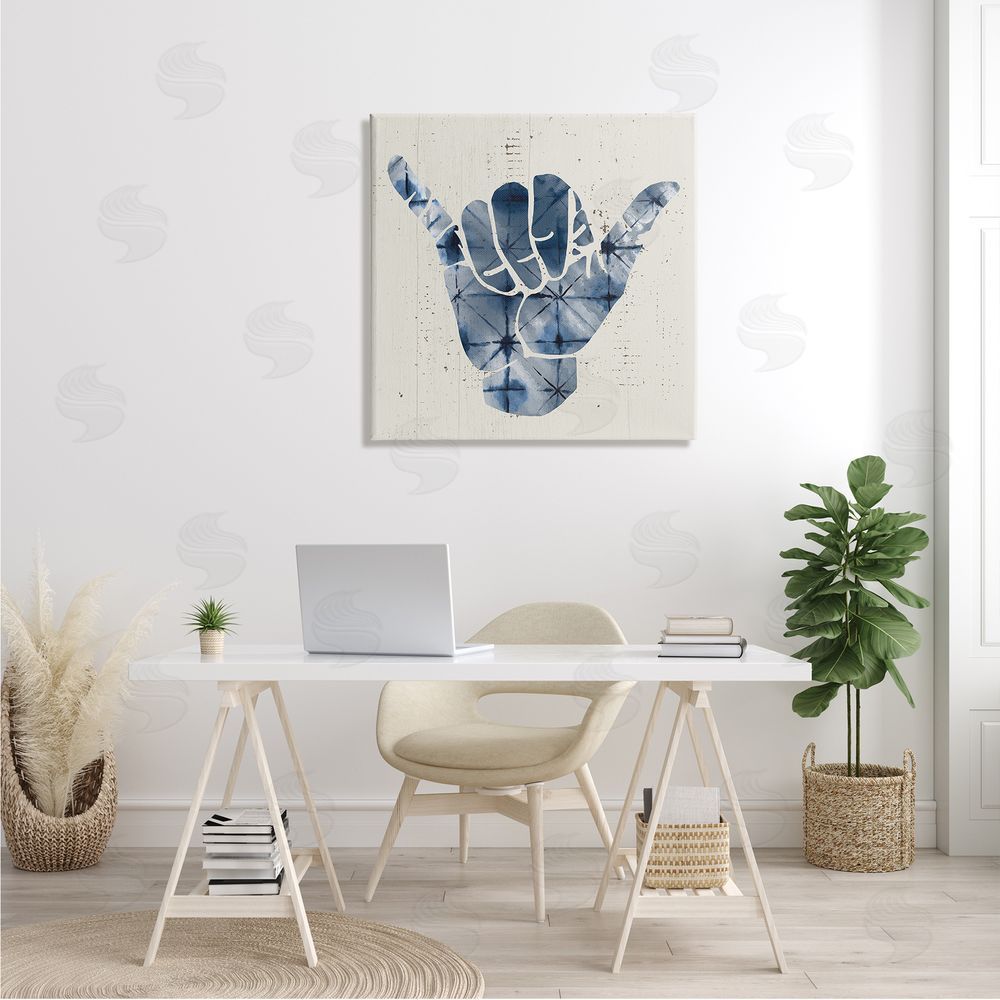 Stupell Studio Abstract Shaka Sign Hand Gesture Blue Geometric Pattern Canvas Wall Art in Room