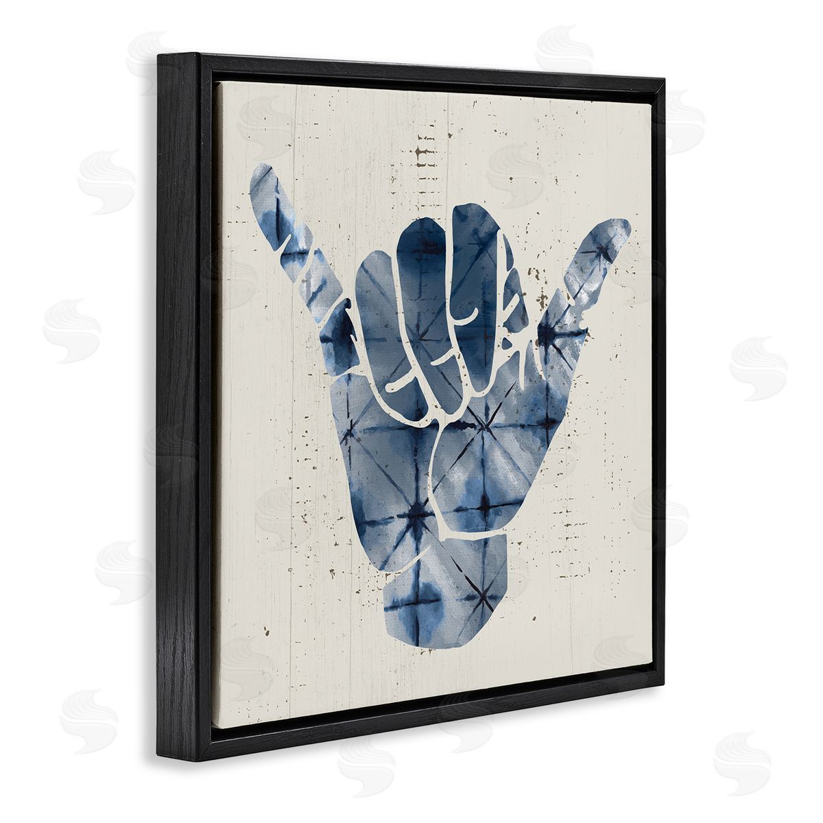 Stupell Studio Abstract Shaka Sign Hand Gesture Blue Geometric Pattern Black Floating Frame Canvas Wall Art Print