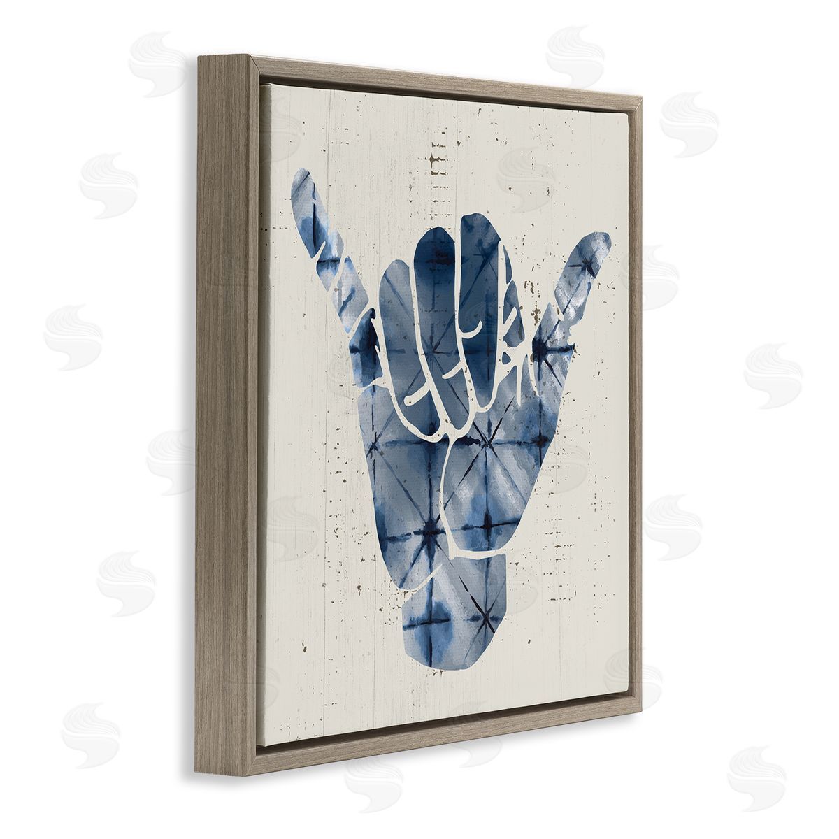 Stupell Studio Abstract Shaka Sign Hand Gesture Blue Geometric Pattern Brown Floating Frame Canvas Wall Art Print