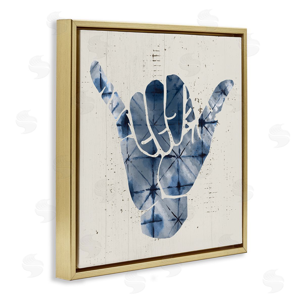 Stupell Studio Abstract Shaka Sign Hand Gesture Blue Geometric Pattern Gold Floating Frame Canvas Wall Art Print