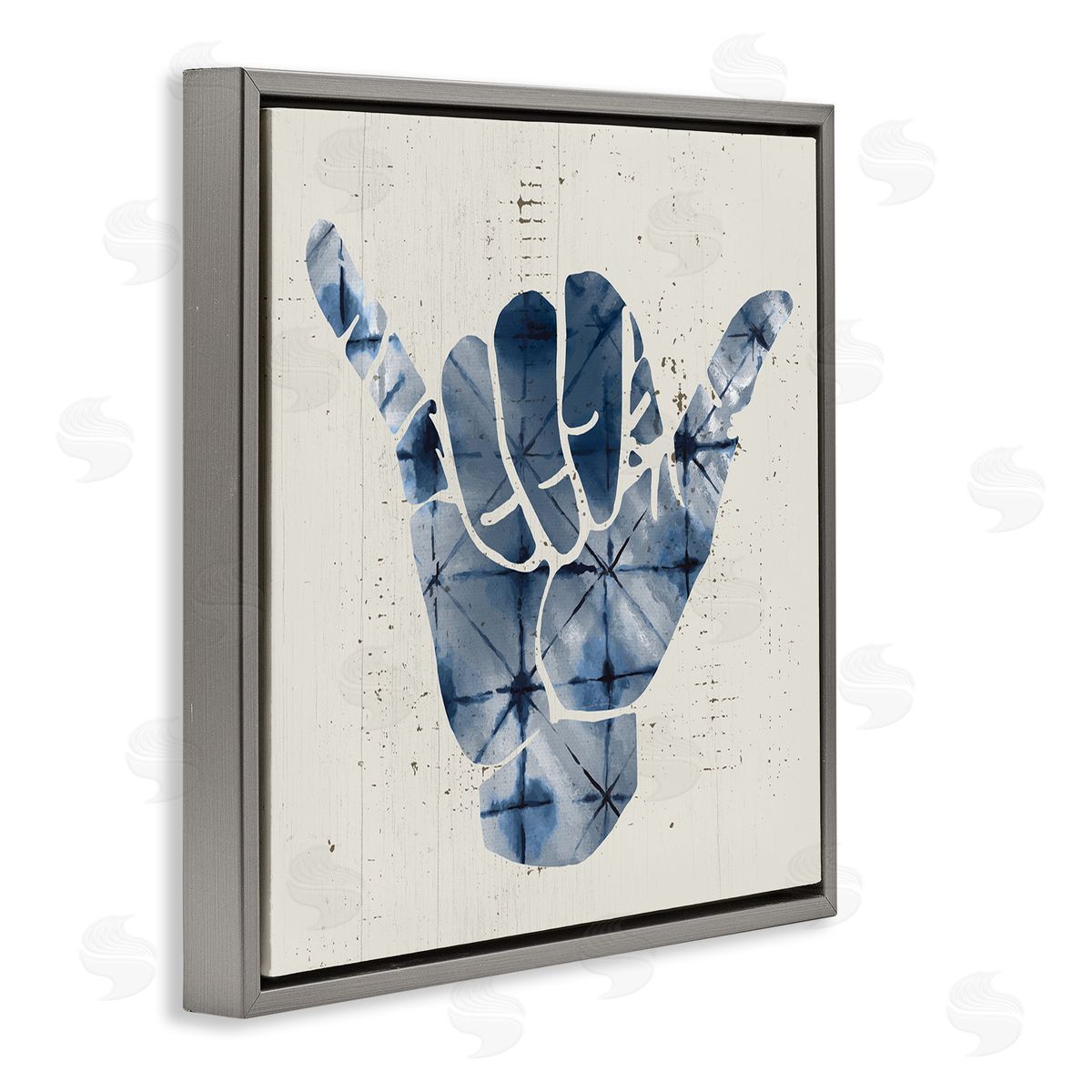 Stupell Studio Abstract Shaka Sign Hand Gesture Blue Geometric Pattern Gray Floating Frame Canvas Wall Art Print