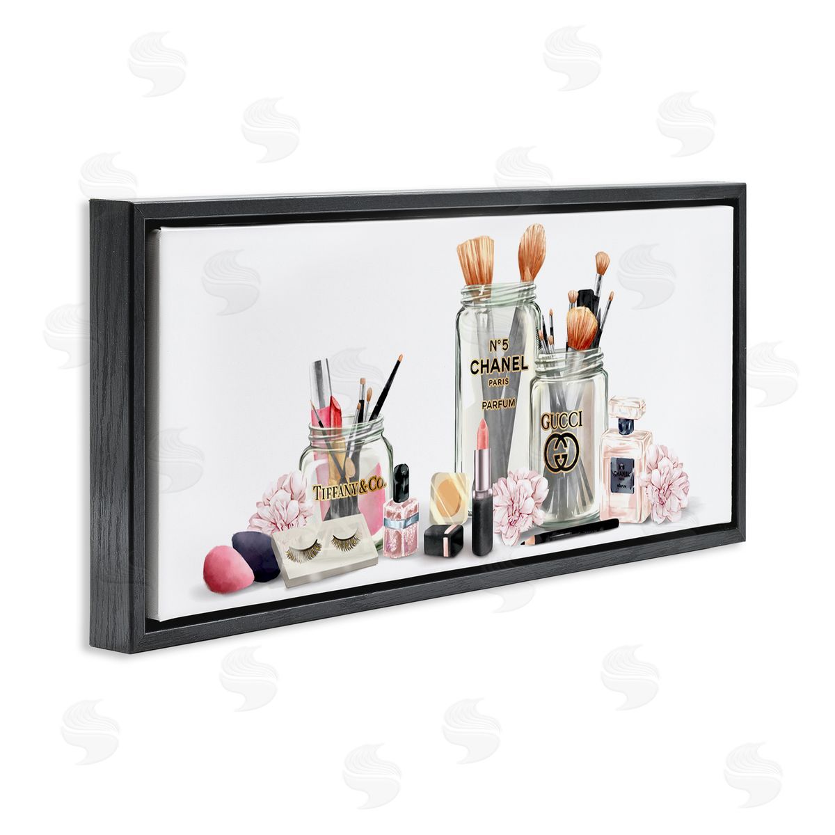 Floral Makeup Collection Still Life Black Floating Frame Canvas Wall Art, Home Decor by Ziwei Li