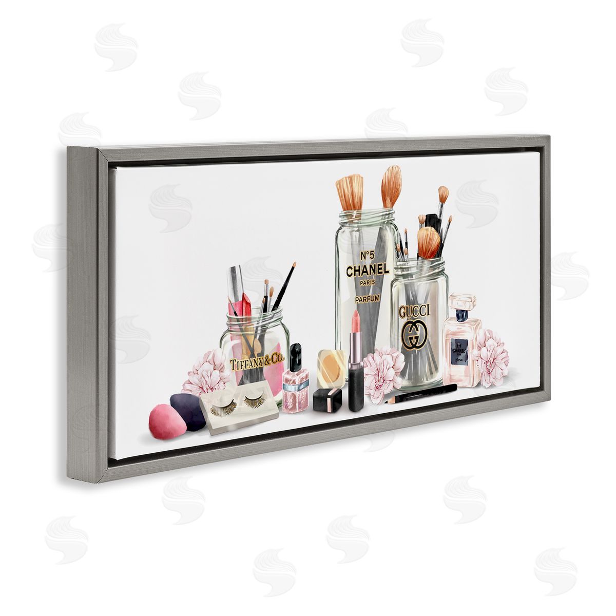 Floral Makeup Collection Still Life Grey Floating Frame Canvas Wall Art, Home Decor by Ziwei Li