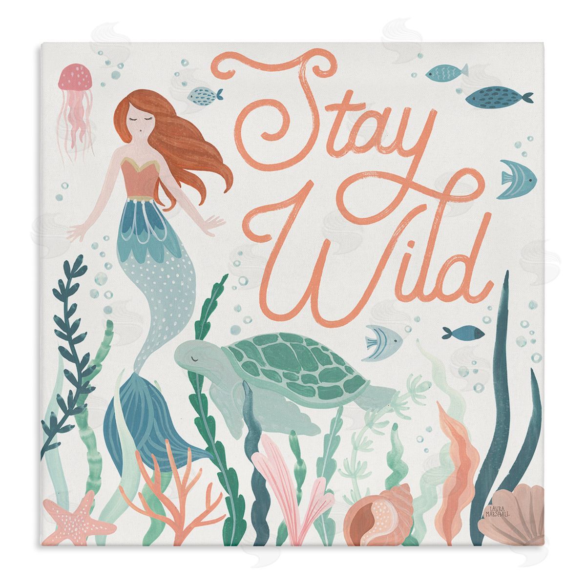 Laura Marshall Stay Wild Phrase Children's Seafloor Mermaid Tortoise Stretched Canvas Wall Art Print