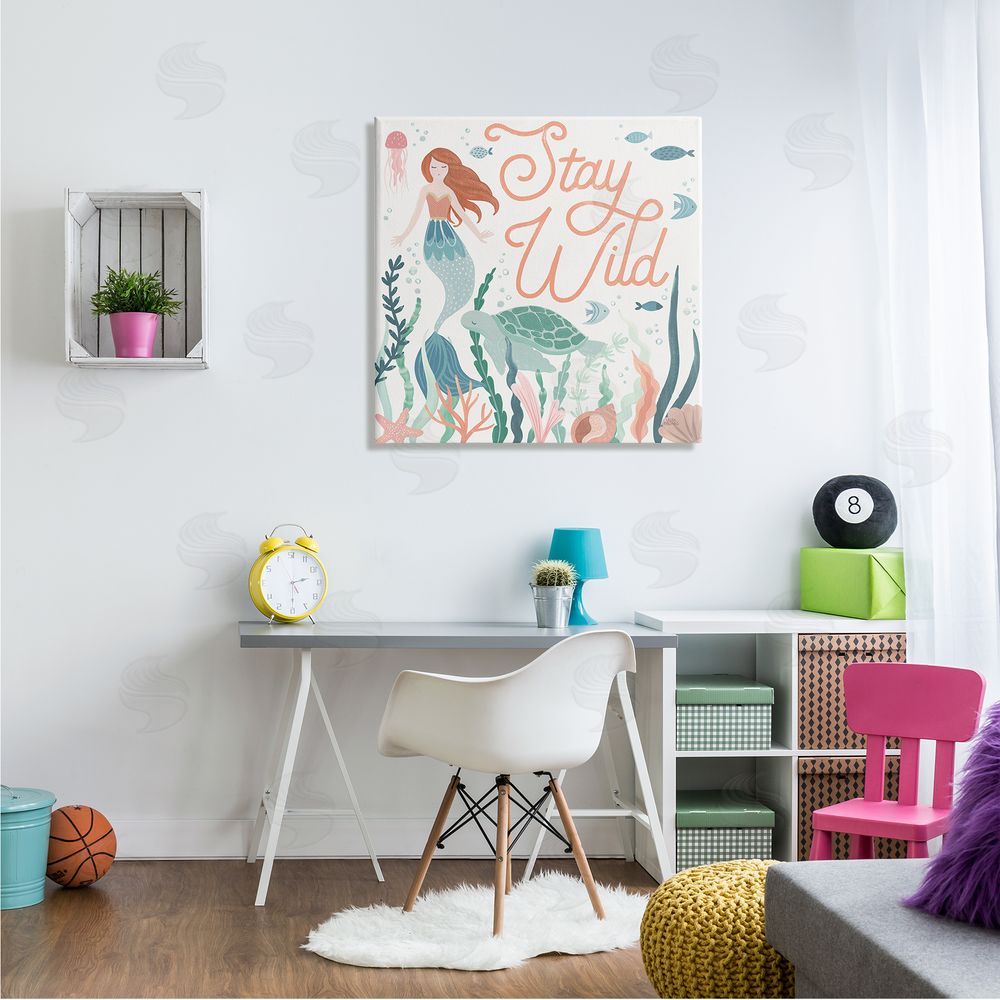 Laura Marshall Stay Wild Phrase Children's Seafloor Mermaid Tortoise Canvas Wall Art in Room