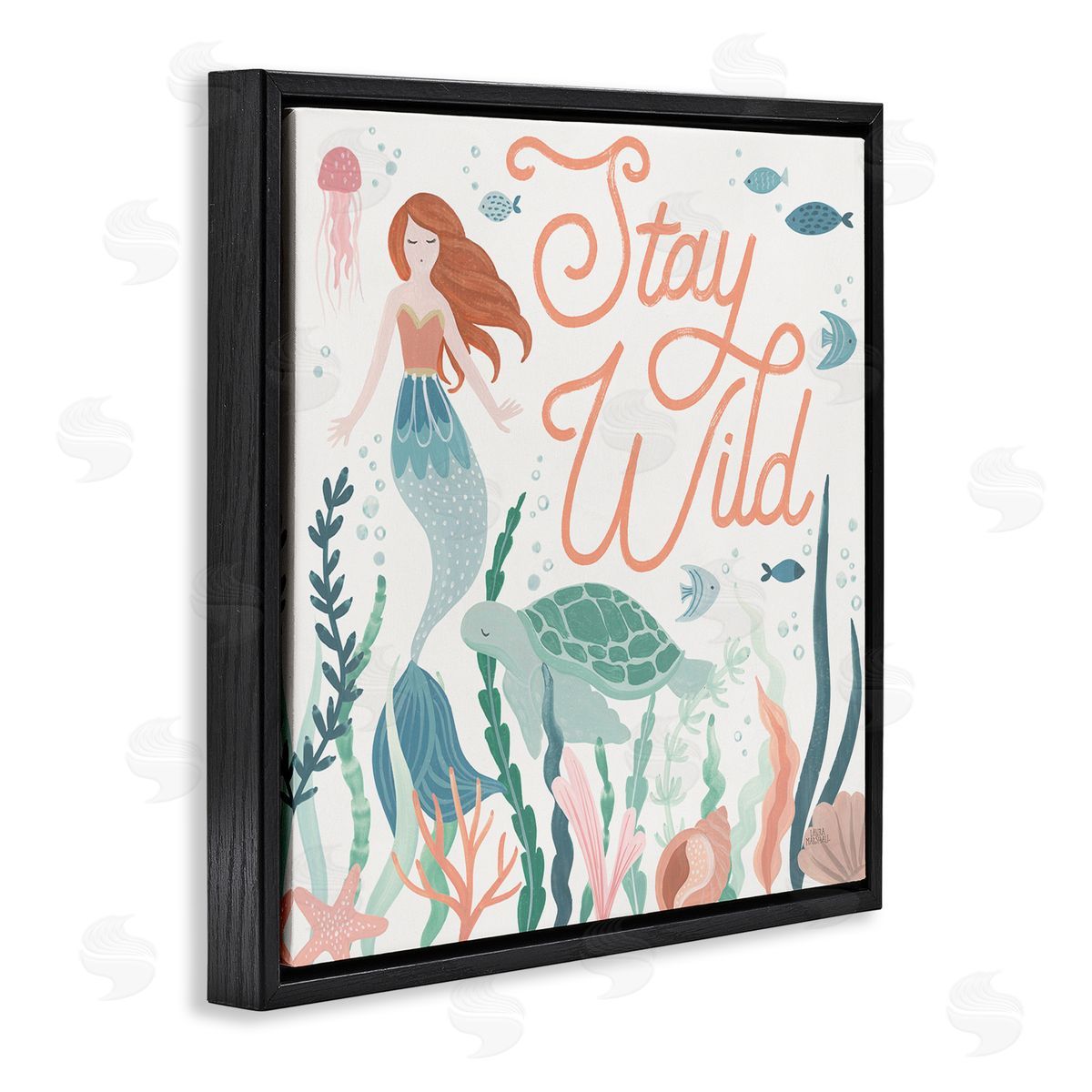 Laura Marshall Stay Wild Phrase Children's Seafloor Mermaid Tortoise Black Floating Frame Canvas Wall Art Print