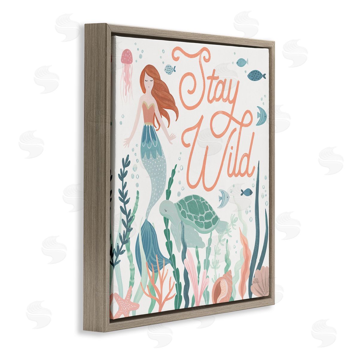 Laura Marshall Stay Wild Phrase Children's Seafloor Mermaid Tortoise Brown Floating Frame Canvas Wall Art Print