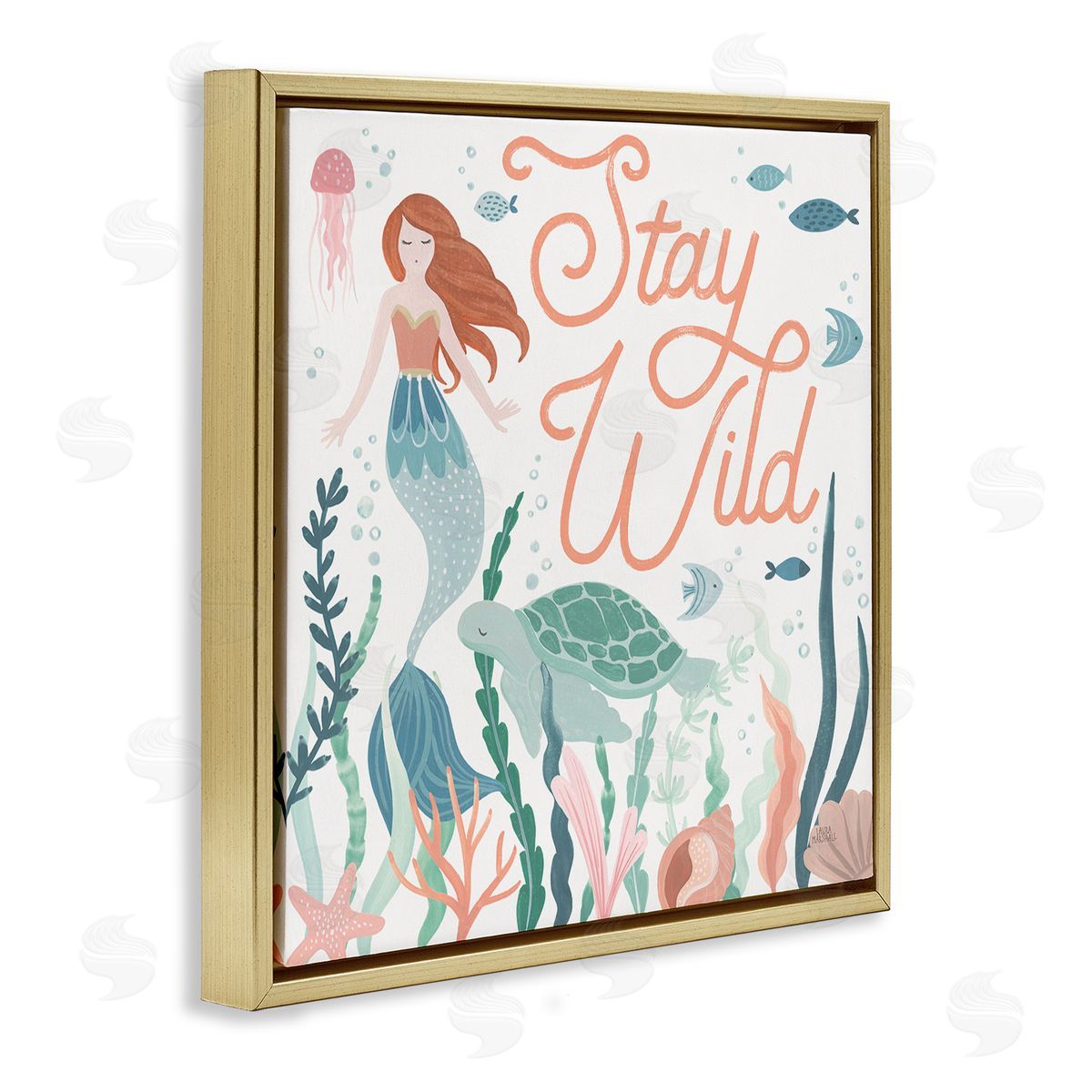 Laura Marshall Stay Wild Phrase Children's Seafloor Mermaid Tortoise Gold Floating Frame Canvas Wall Art Print
