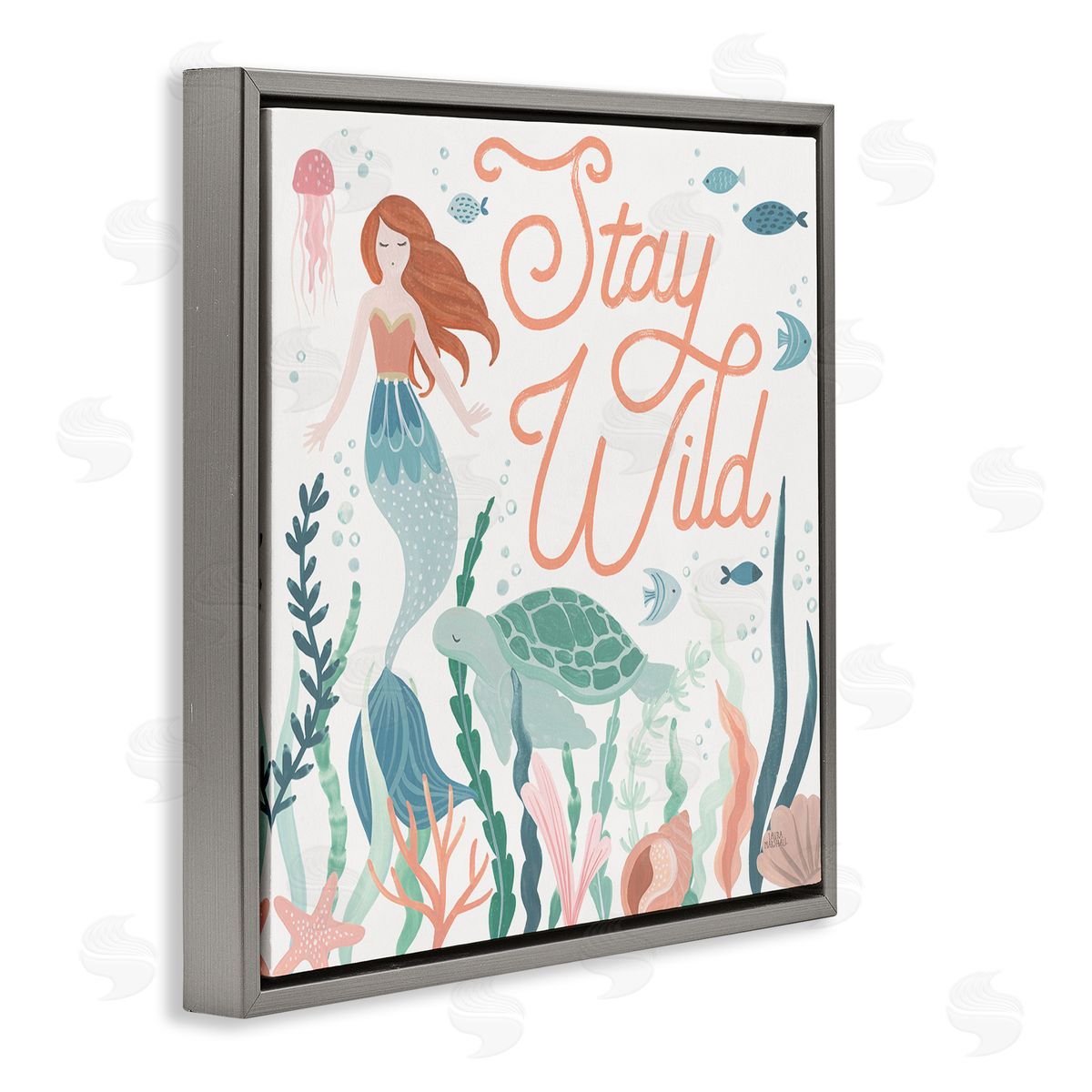 Laura Marshall Stay Wild Phrase Children's Seafloor Mermaid Tortoise Gray Floating Frame Canvas Wall Art Print