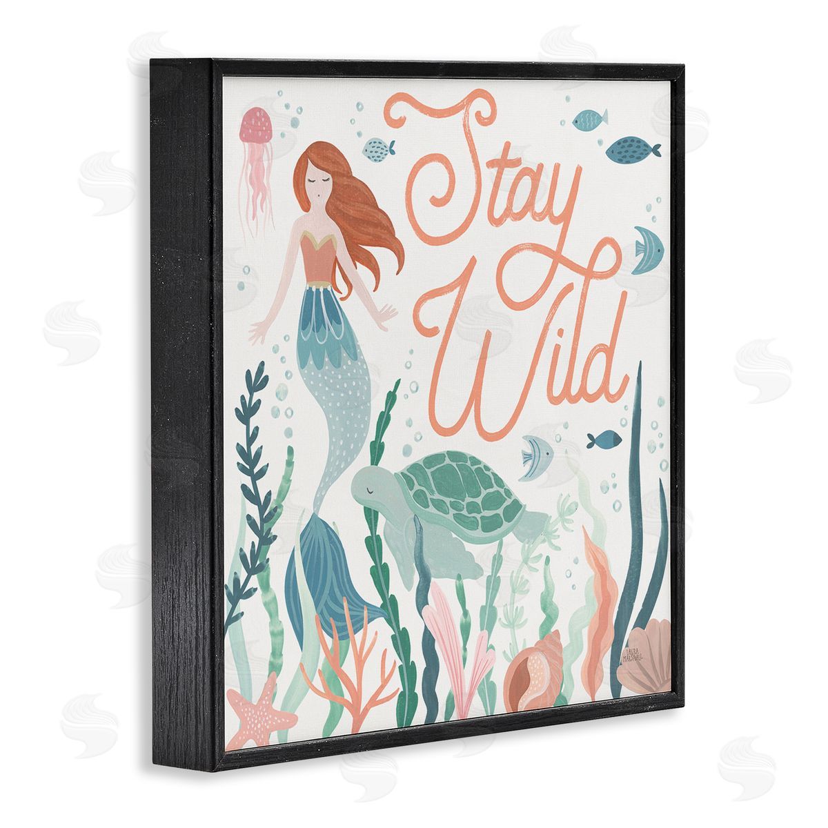 Laura Marshall Stay Wild Phrase Children's Seafloor Mermaid Tortoise Black Framed Glicee Wall Art Print