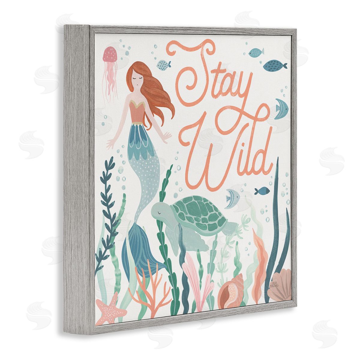 Laura Marshall Stay Wild Phrase Children's Seafloor Mermaid Tortoise Gray Framed Glicee Wall Art Print