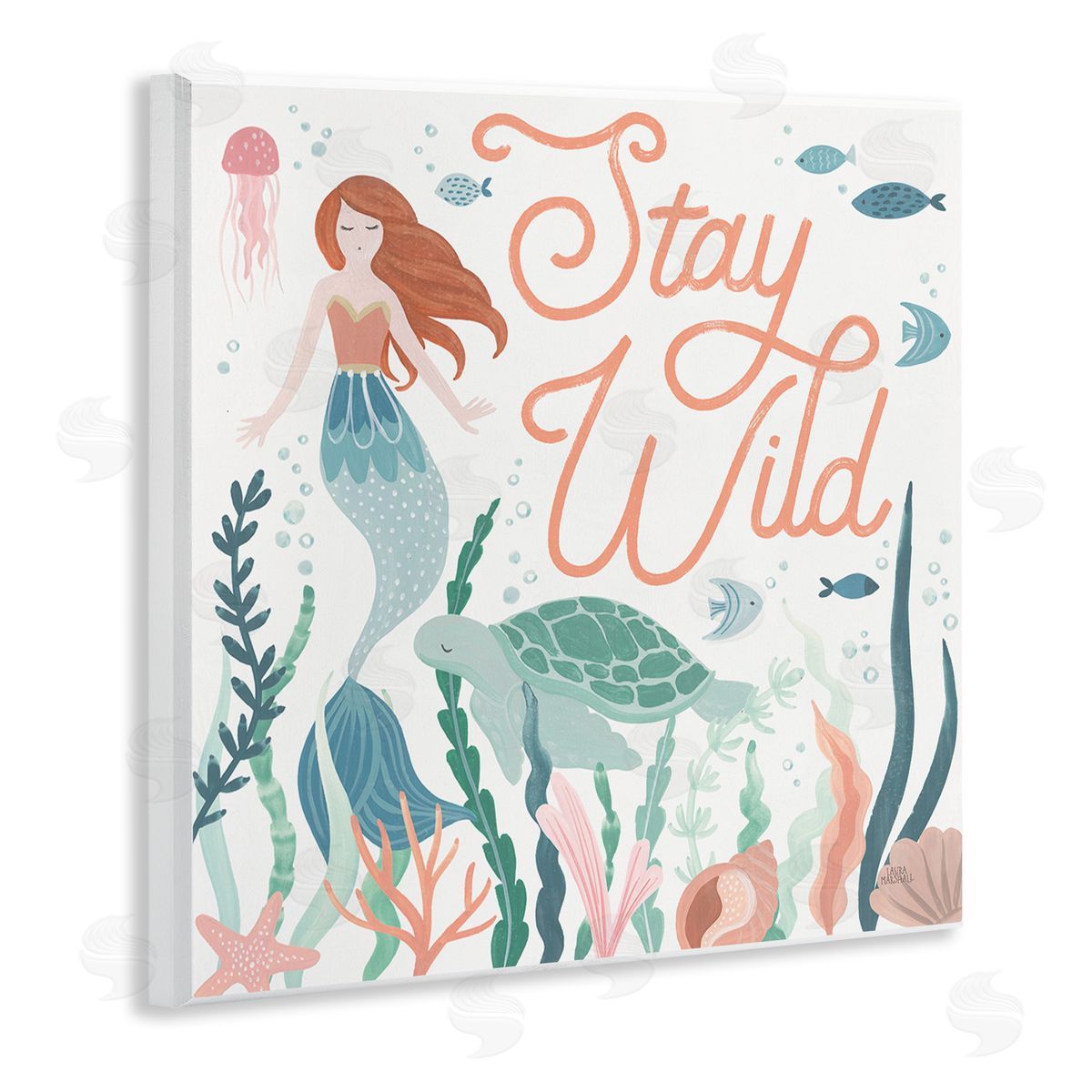 Laura Marshall Stay Wild Phrase Children's Seafloor Mermaid Tortoise Wooden Wall Plaque Art Print