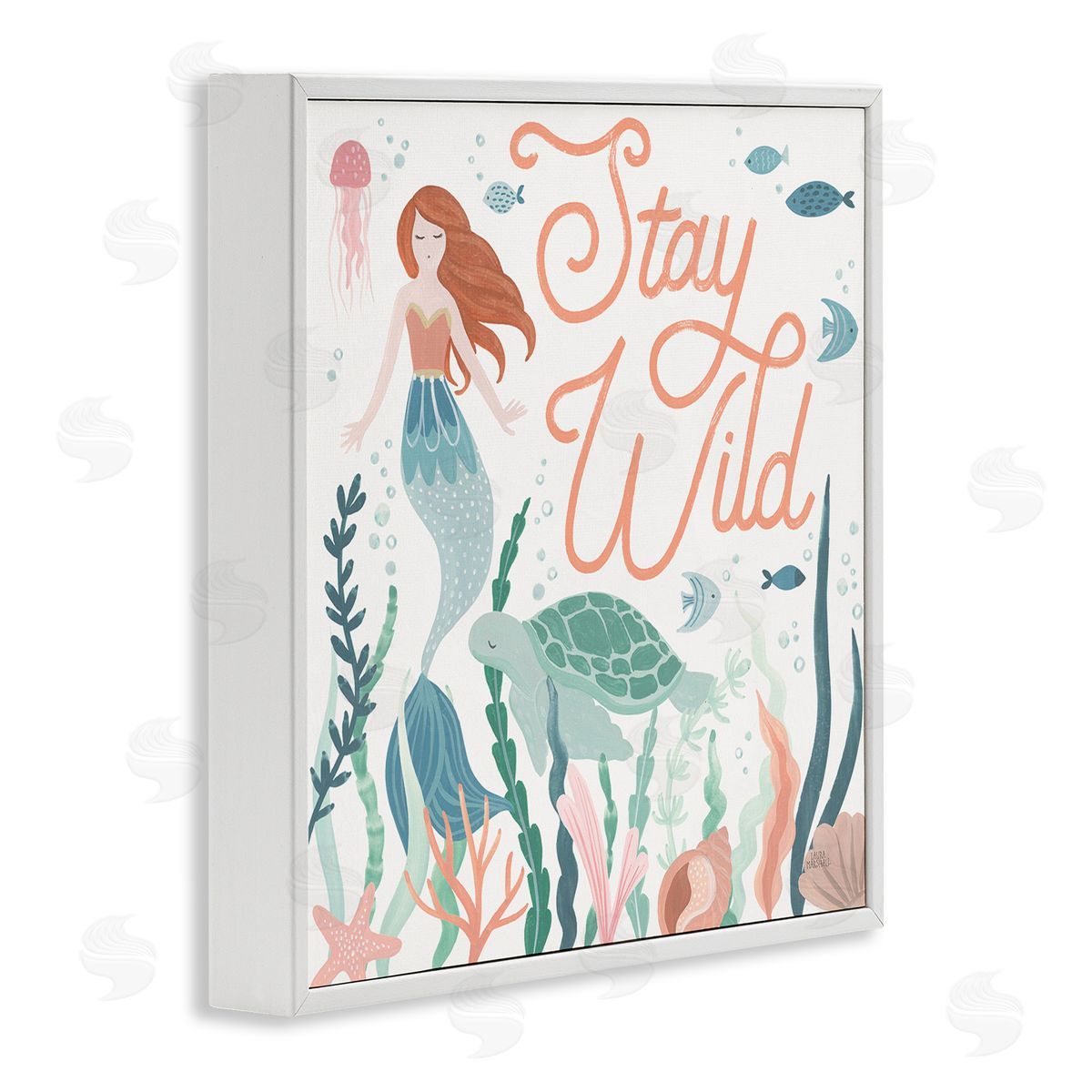 Laura Marshall Stay Wild Phrase Children's Seafloor Mermaid Tortoise White Framed Glicee Wall Art Print
