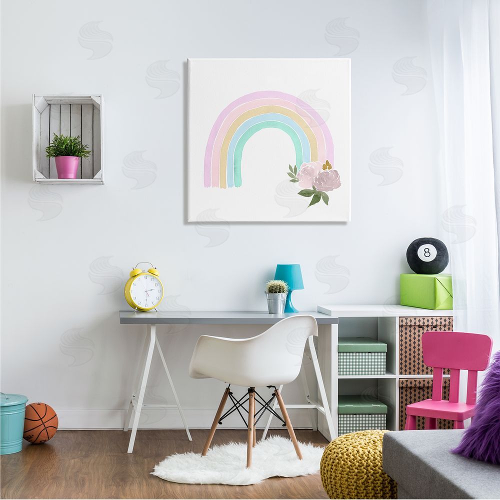 Lucille Price Children's Pastel Rainbow Arch Pink Rose Blossoms Canvas Wall Art in Room