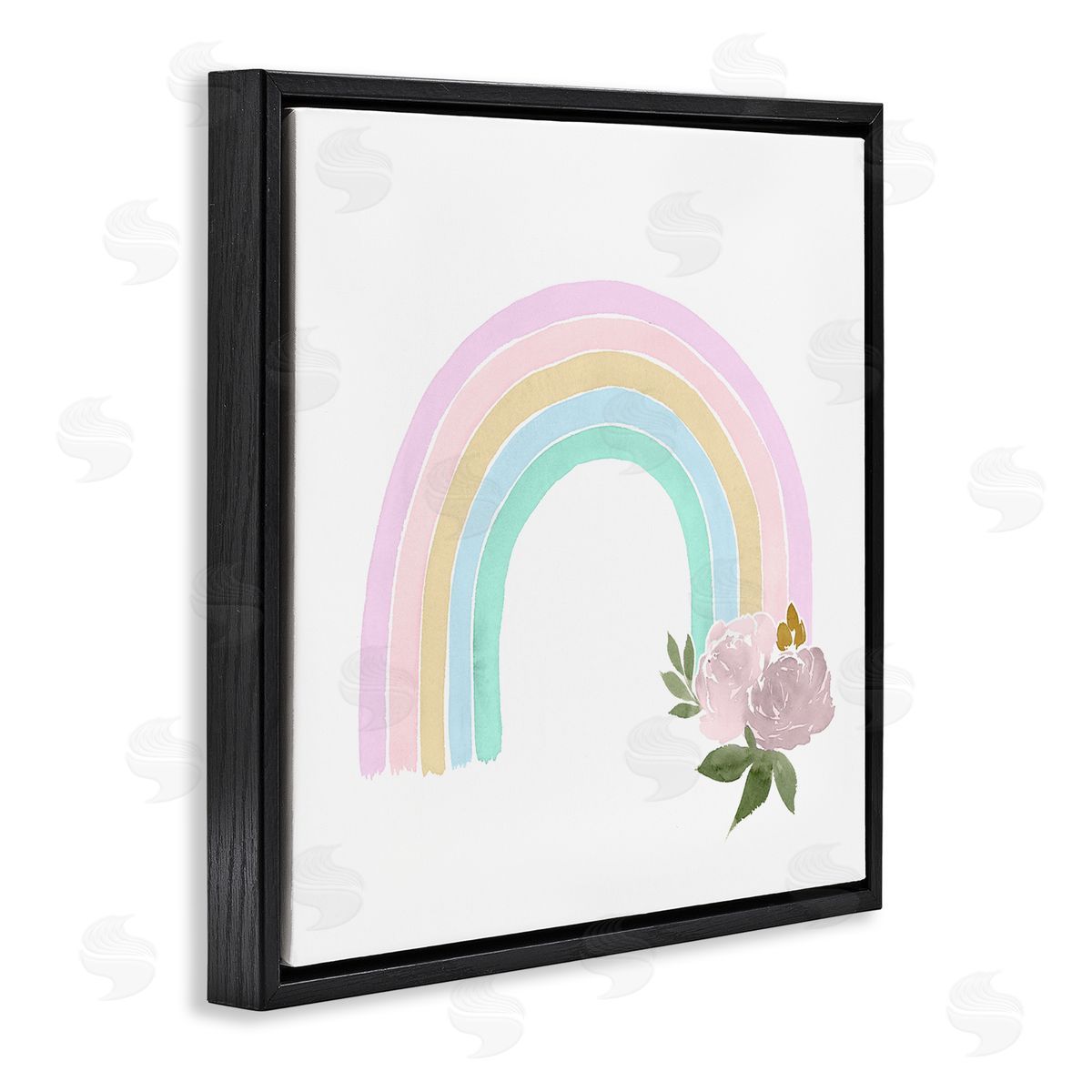 Lucille Price Children's Pastel Rainbow Arch Pink Rose Blossoms Black Floating Frame Canvas Wall Art Print