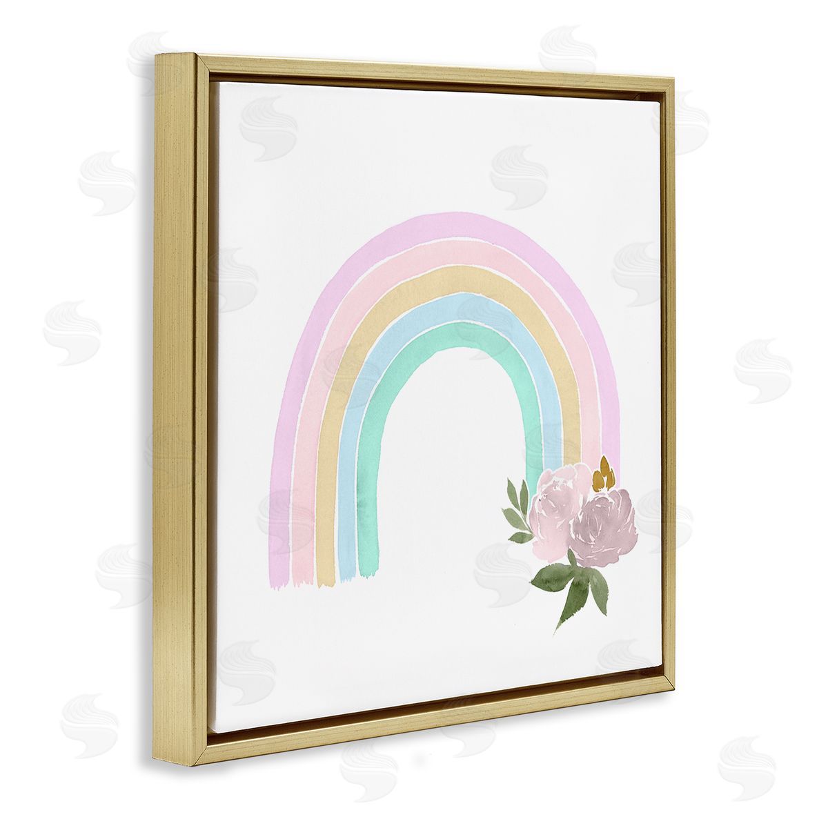Lucille Price Children's Pastel Rainbow Arch Pink Rose Blossoms Gold Floating Frame Canvas Wall Art Print