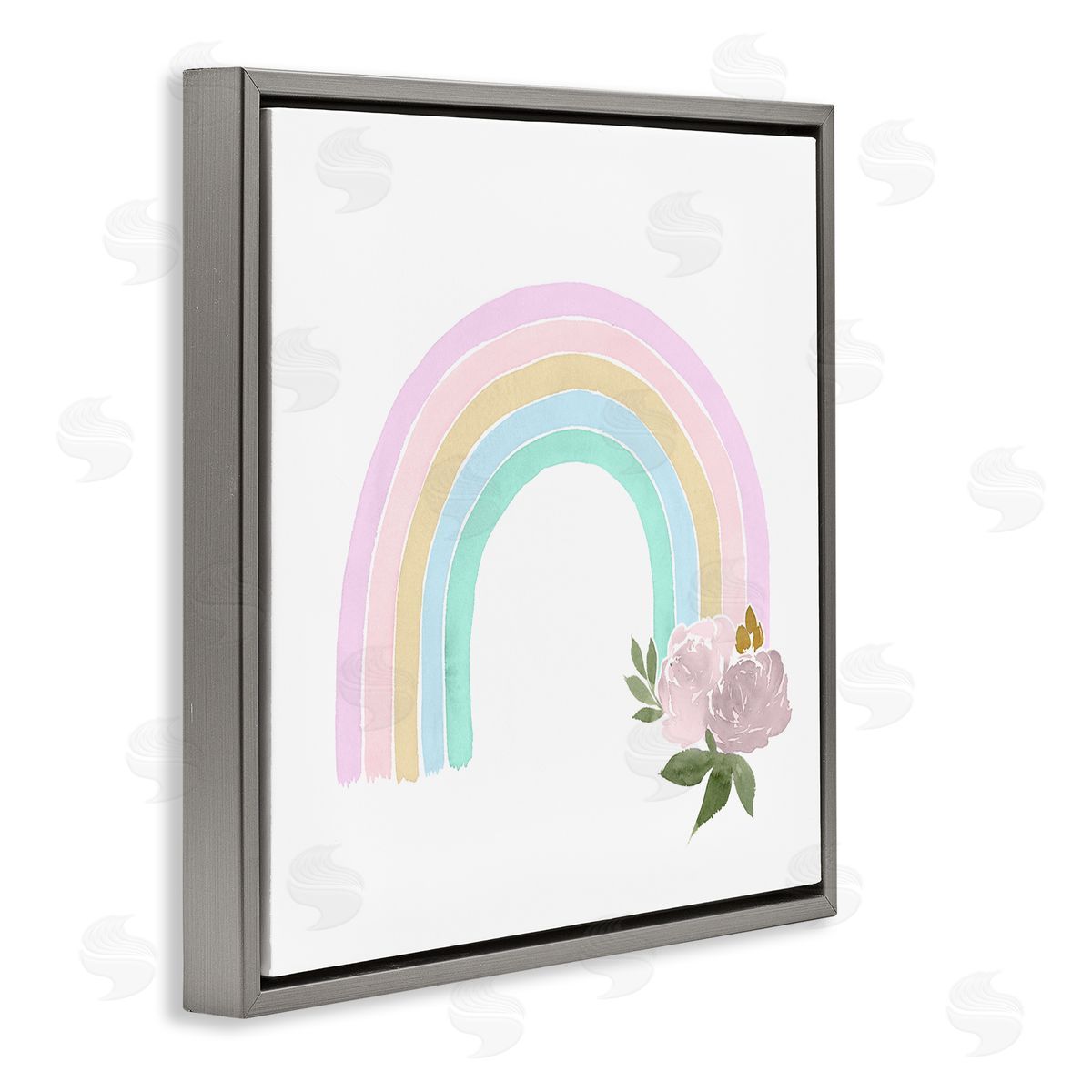 Lucille Price Children's Pastel Rainbow Arch Pink Rose Blossoms Gray Floating Frame Canvas Wall Art Print