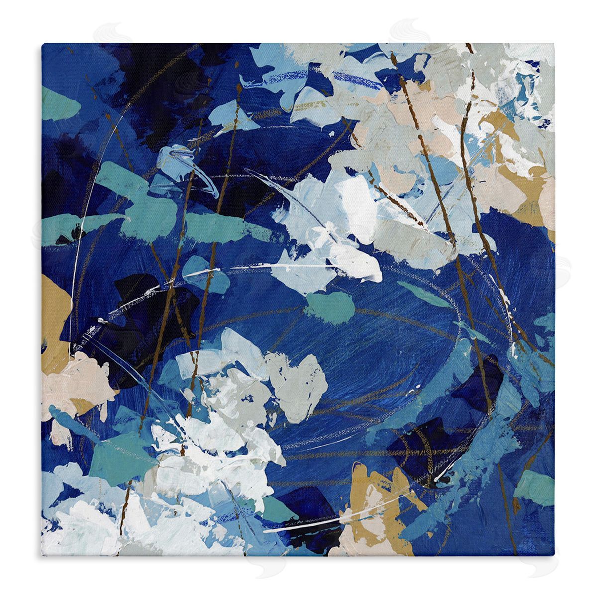 Sue Riger Modern Blue Gold Abstract Painting Busy Movement Composition Stretched Canvas Wall Art Print